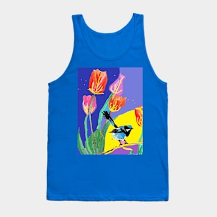 Abstract Blue Wren and Tulips Painting - on Multicoloured Tank Top